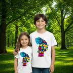Sibling styling view of PaintzStories artistic kids t-shirt featuring PS(PaintzStories) Animals artwork with colourful illustration, premium cotton comfort, designer kids tshirt, and creative kids fashion.