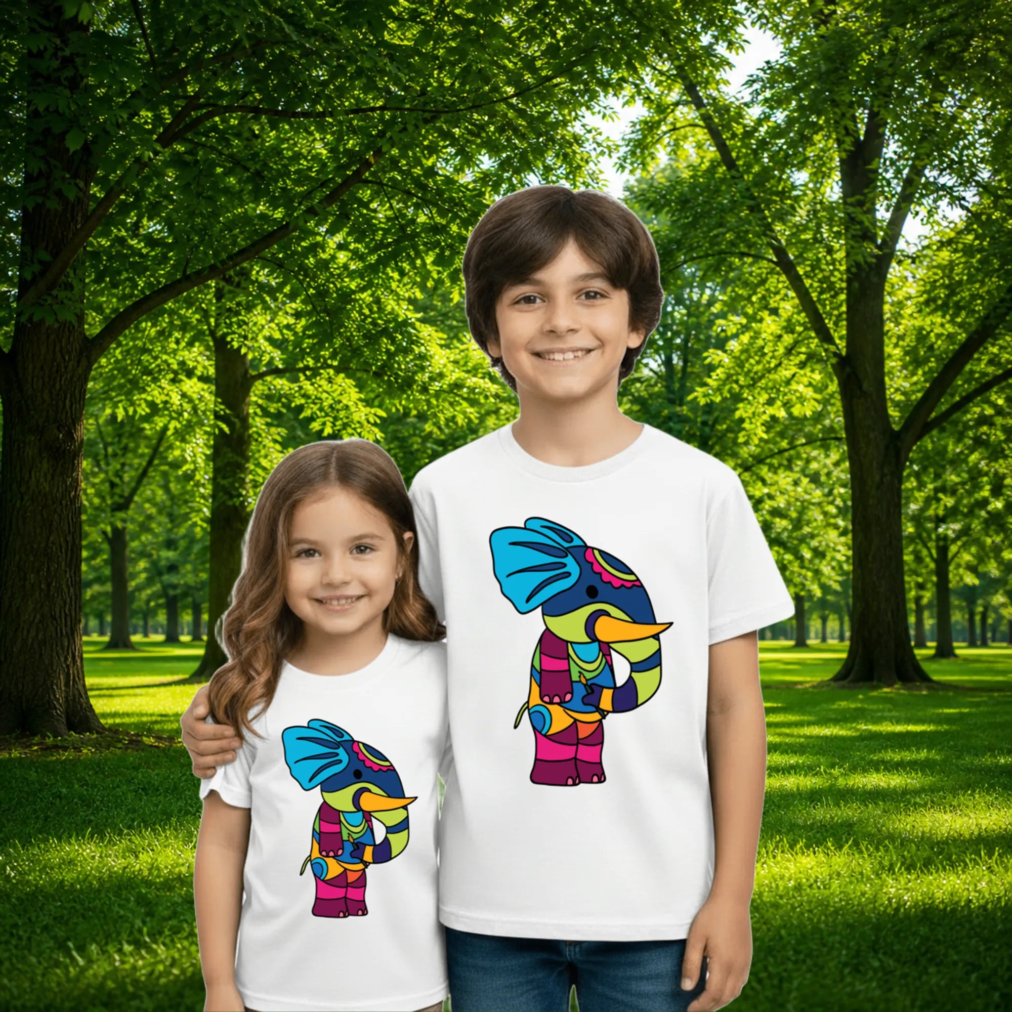Sibling styling view of PaintzStories artistic kids t-shirt featuring PS(PaintzStories) Animals artwork with colourful illustration, premium cotton comfort, designer kids tshirt, and creative kids fashion.