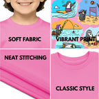 Feature highlights of PaintzStories artistic kids t-shirt featuring Two Adventurous Penguins - Light Pink artwork with colourful illustration, premium cotton comfort, art tee shirt, and designer kids tshirt.
