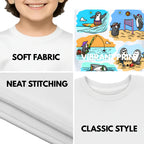 Feature highlights of PaintzStories artistic kids t-shirt featuring Two Adventurous Penguins - White artwork with colourful illustration, premium cotton comfort, colourful kids wear, and gift for young artists.