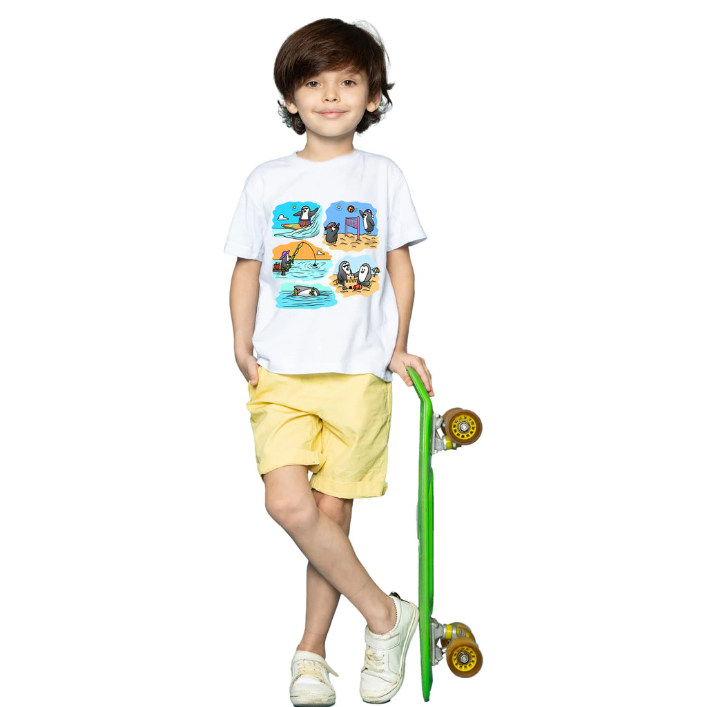 Main view of PaintzStories artistic kids t-shirt featuring Two Adventurous Penguins - White artwork with colourful illustration, premium cotton comfort, gift for young artists, and kids artistic t-shirt.