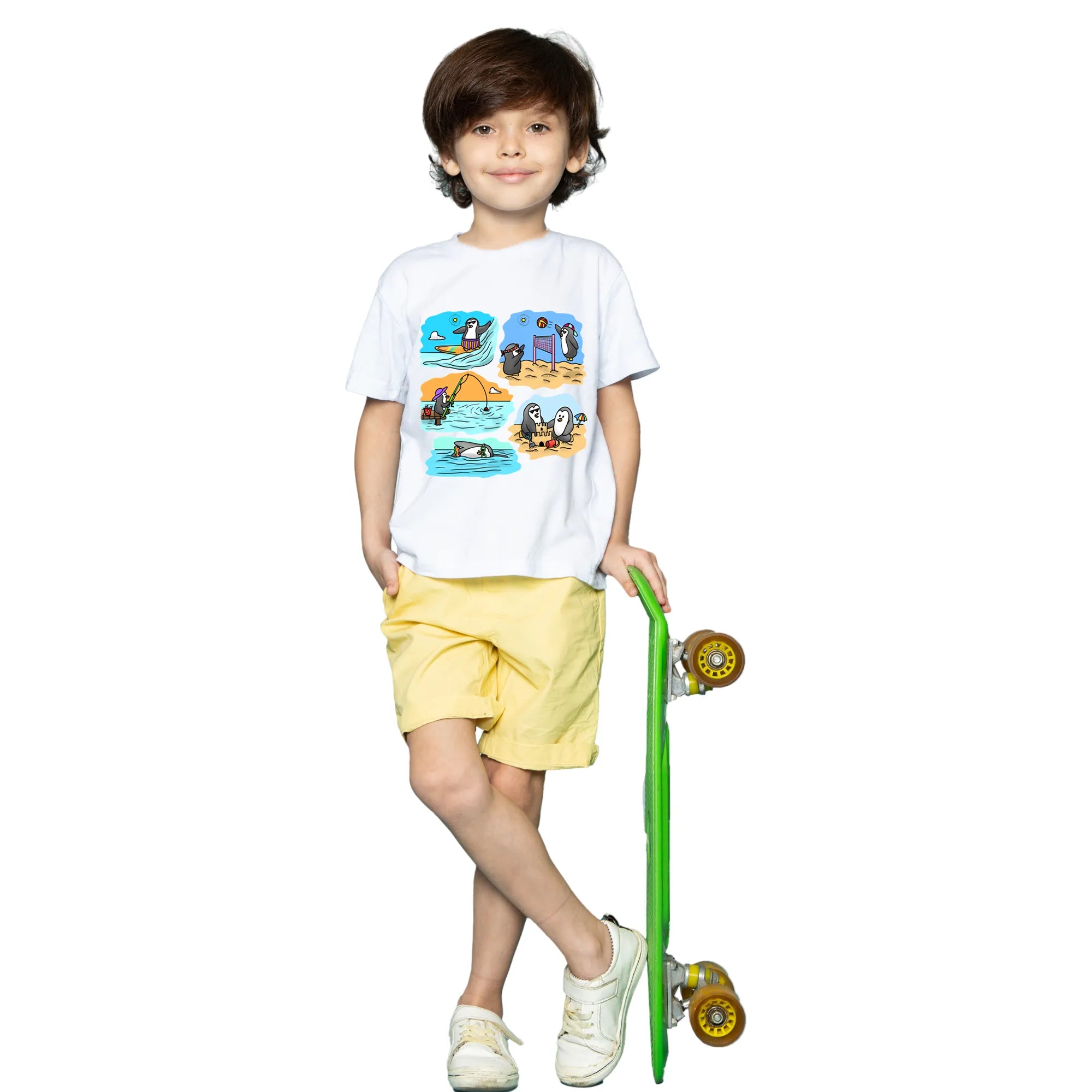 Main view of PaintzStories artistic kids t-shirt featuring Two Adventurous Penguins - White artwork with colourful illustration, premium cotton comfort, gift for young artists, and kids artistic t-shirt.