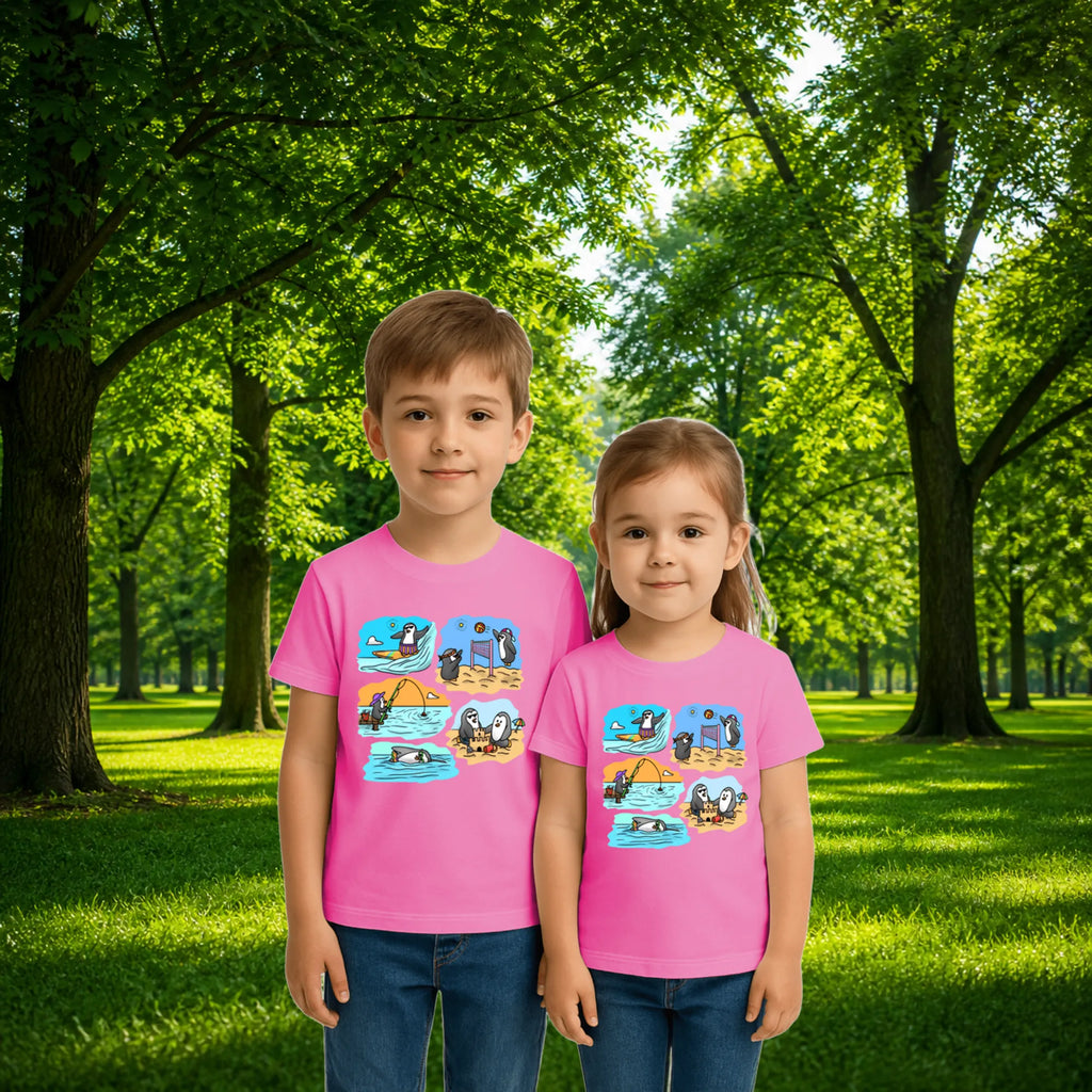 Sibling styling view of PaintzStories artistic kids t-shirt featuring Two Adventurous Penguins - Light Pink artwork with colourful illustration, premium cotton comfort, kids artistic t-shirt, and designer kids tshirt.