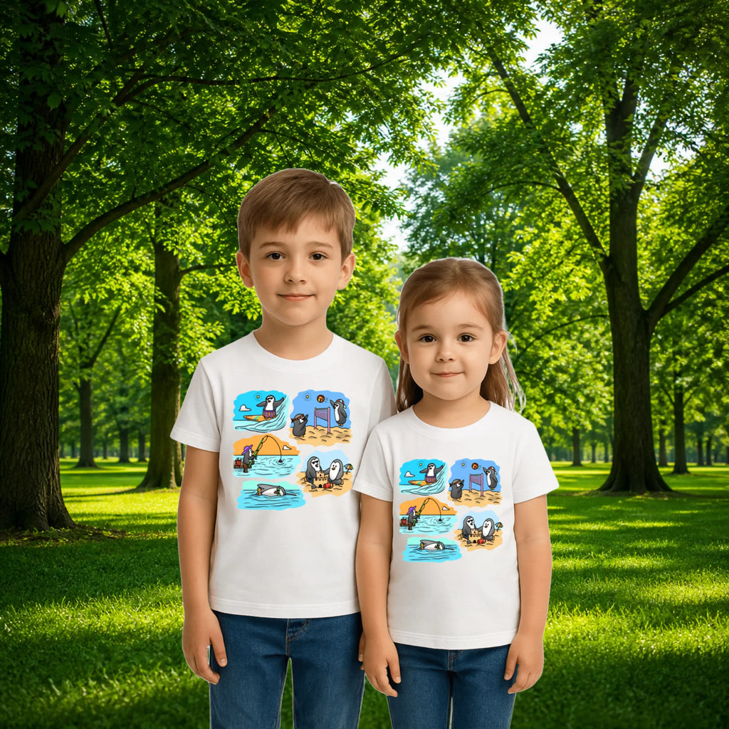 Sibling styling view of PaintzStories artistic kids t-shirt featuring Two Adventurous Penguins - White artwork with colourful illustration, premium cotton comfort, art tee shirt, and birthday gift for kids.