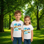 Sibling styling view of PaintzStories artistic kids t-shirt featuring Two Adventurous Penguins - White artwork with colourful illustration, premium cotton comfort, art tee shirt, and birthday gift for kids.
