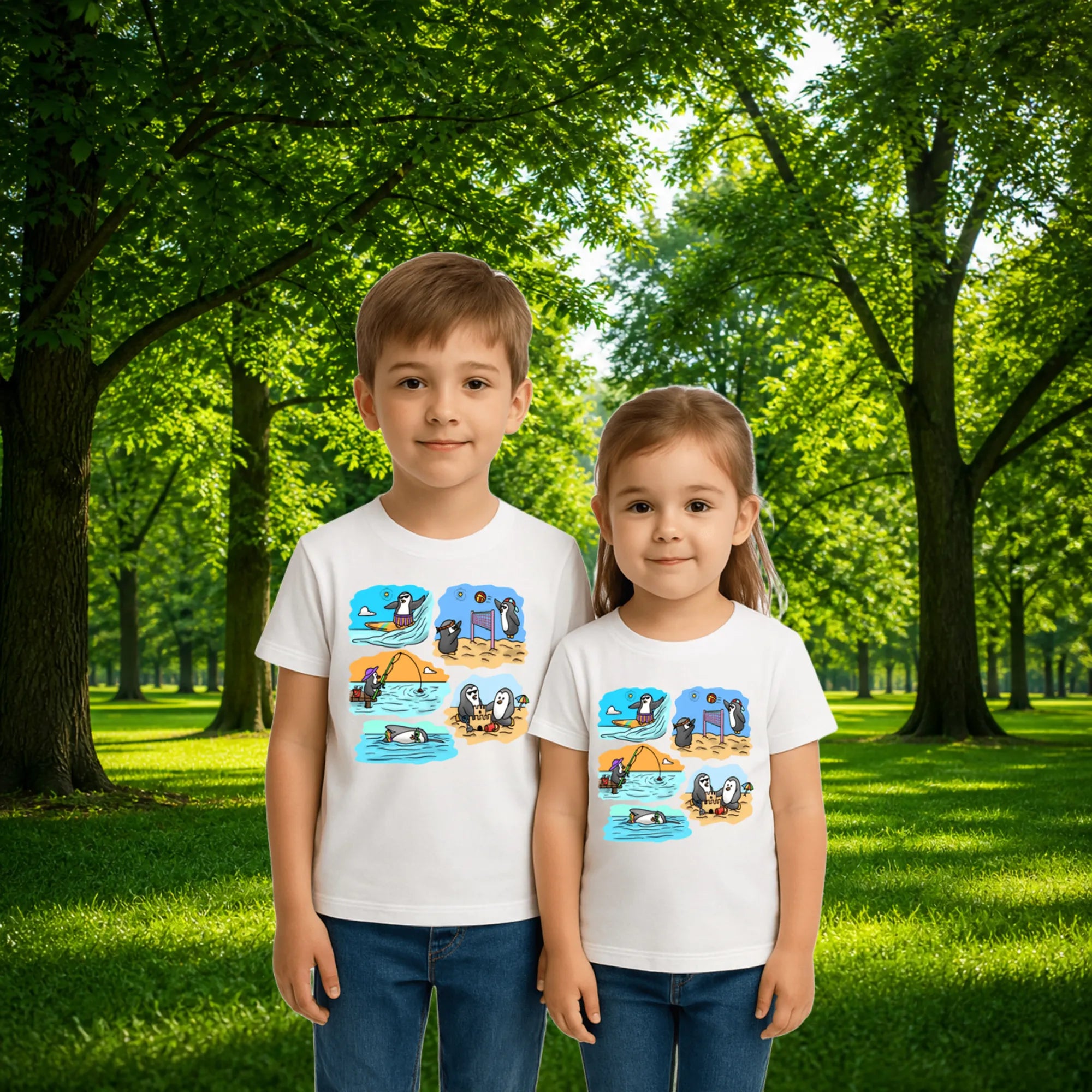 Sibling styling view of PaintzStories artistic kids t-shirt featuring Two Adventurous Penguins - White artwork with colourful illustration, premium cotton comfort, art tee shirt, and birthday gift for kids.