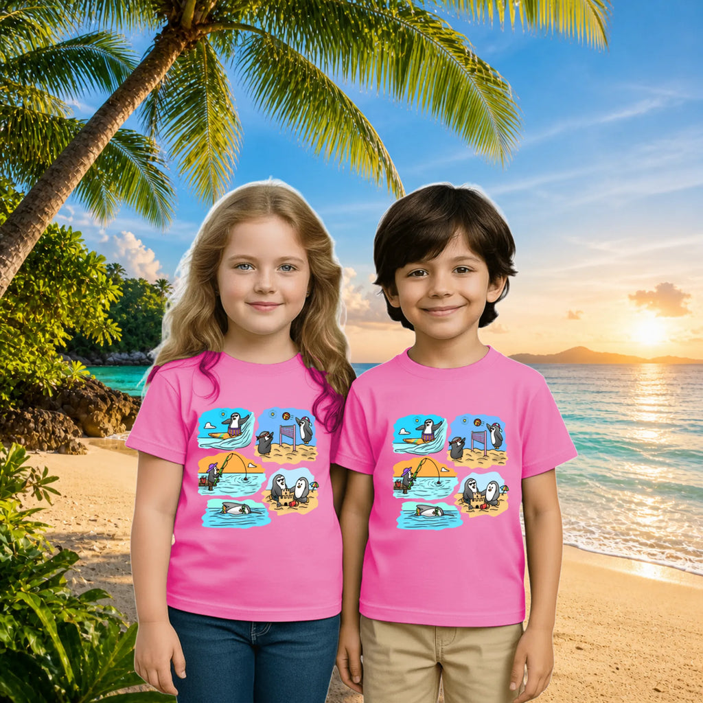 Lifestyle image of PaintzStories artistic kids t-shirt featuring Two Adventurous Penguins - Light Pink artwork with colourful illustration, premium cotton comfort, art tee shirt, and gift for young artists.