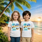 Lifestyle image of PaintzStories artistic kids t-shirt featuring Two Adventurous Penguins - White artwork with colourful illustration, premium cotton comfort, colourful kids wear, and birthday gift for kids.