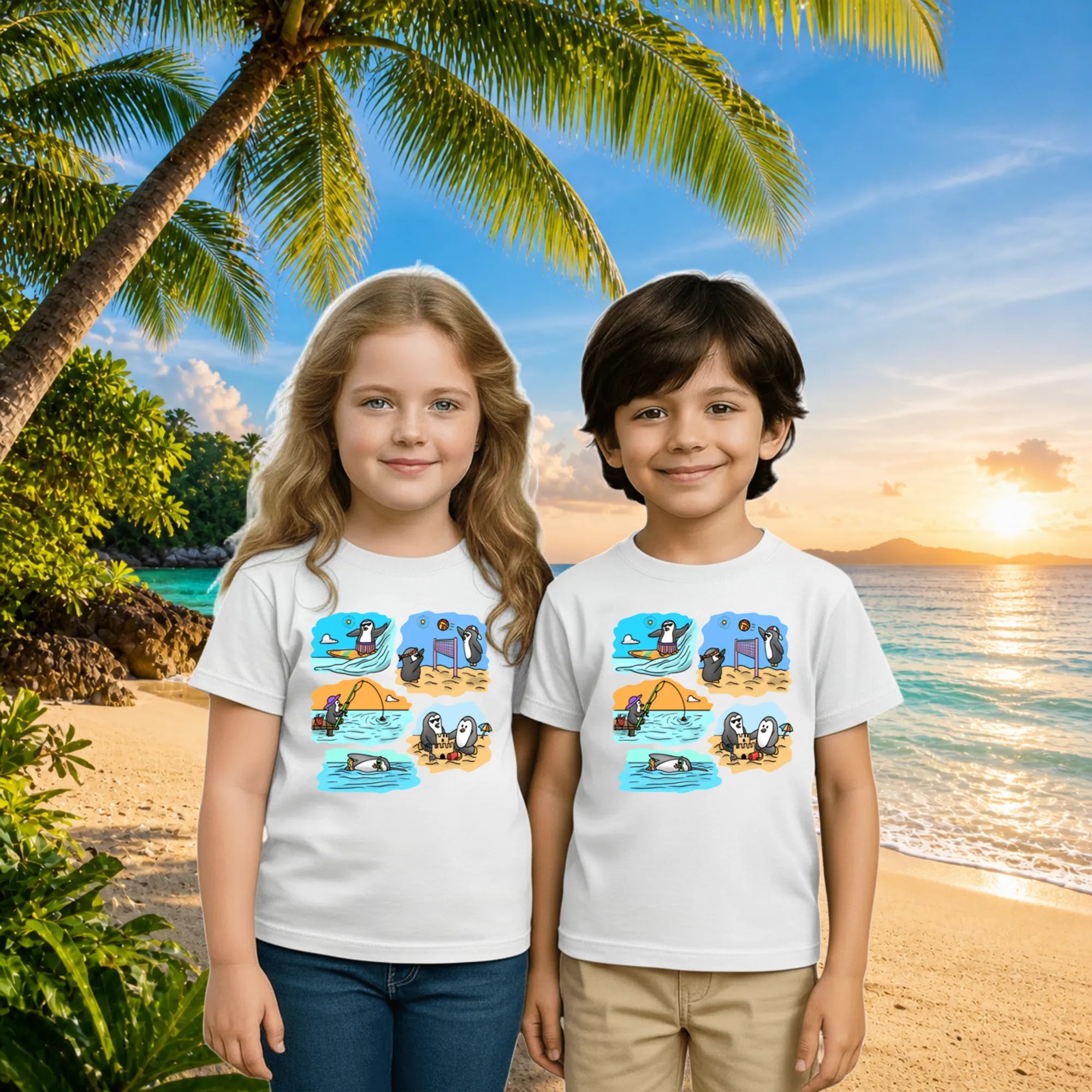 Lifestyle image of PaintzStories artistic kids t-shirt featuring Two Adventurous Penguins - White artwork with colourful illustration, premium cotton comfort, colourful kids wear, and birthday gift for kids.