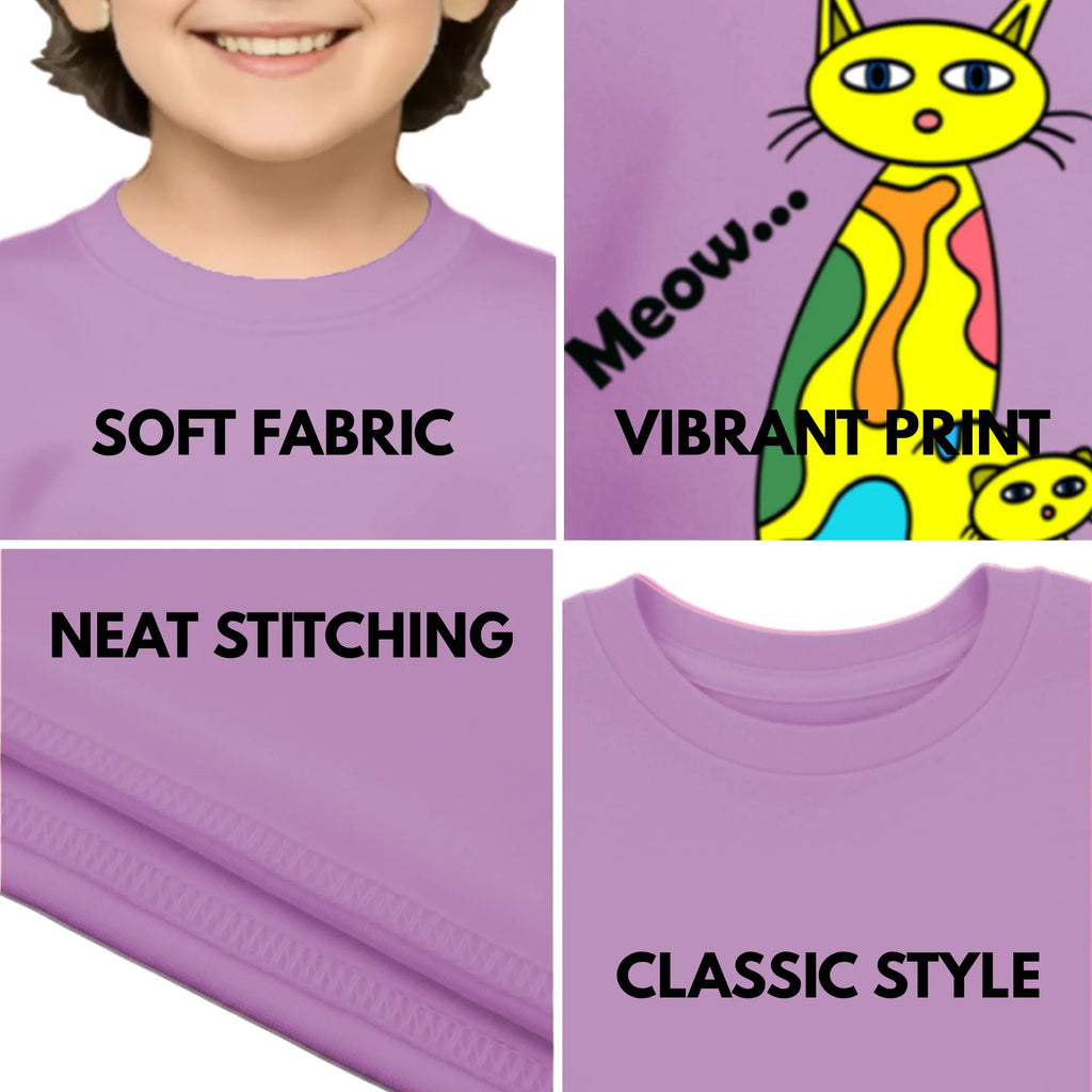 Feature highlights of PaintzStories artistic kids t-shirt featuring Four Cats at Sunset: Two Take the Spotlight artwork with colourful illustration, premium cotton comfort, colourful kids wear, and kids artistic t-shirt.