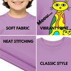 Feature highlights of PaintzStories artistic kids t-shirt featuring Four Cats at Sunset: Two Take the Spotlight artwork with colourful illustration, premium cotton comfort, colourful kids wear, and kids artistic t-shirt.