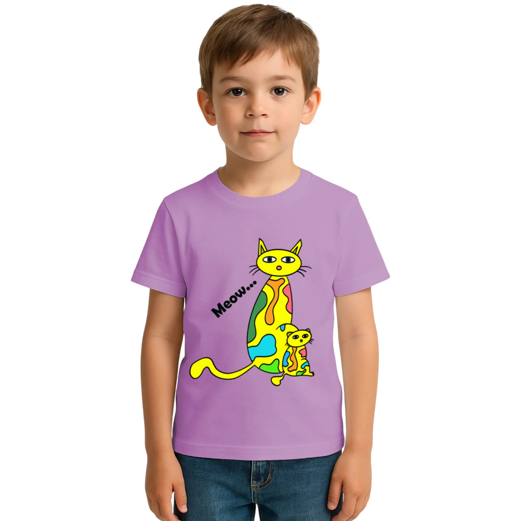 Main view of PaintzStories artistic kids t-shirt featuring Four Cats at Sunset: Two Take the Spotlight artwork with colourful illustration, premium cotton comfort, creative kids fashion, and art tee shirt.