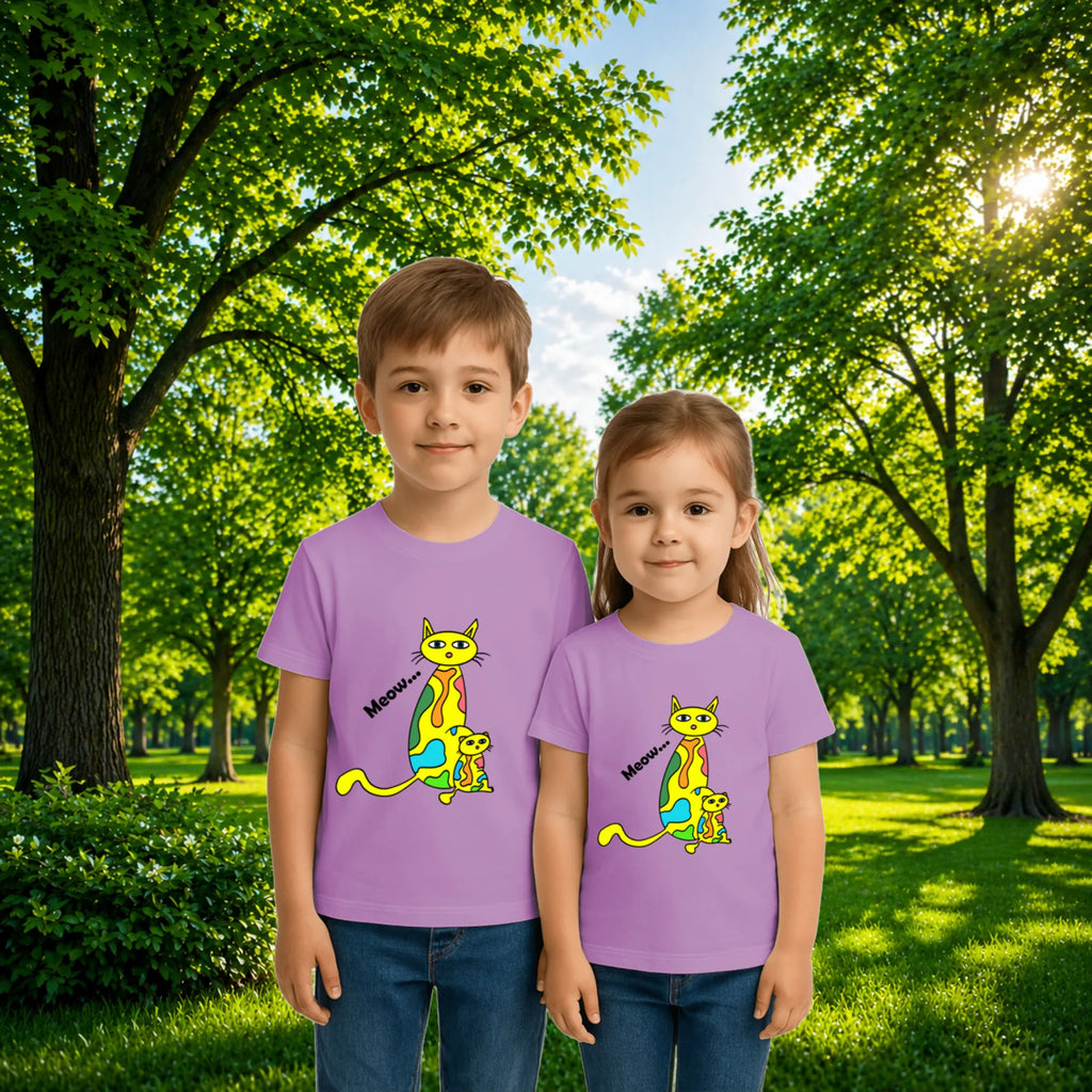 Sibling styling view of PaintzStories artistic kids t-shirt featuring Four Cats at Sunset: Two Take the Spotlight artwork with colourful illustration, premium cotton comfort, designer kids tshirt, and kids artistic t-shirt.