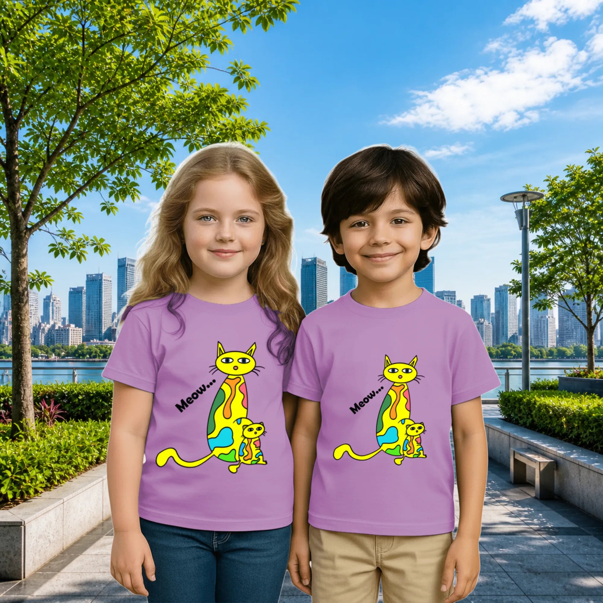 Lifestyle image of PaintzStories artistic kids t-shirt featuring Four Cats at Sunset: Two Take the Spotlight artwork with colourful illustration, premium cotton comfort, artist tees, and artwork on tshirt.