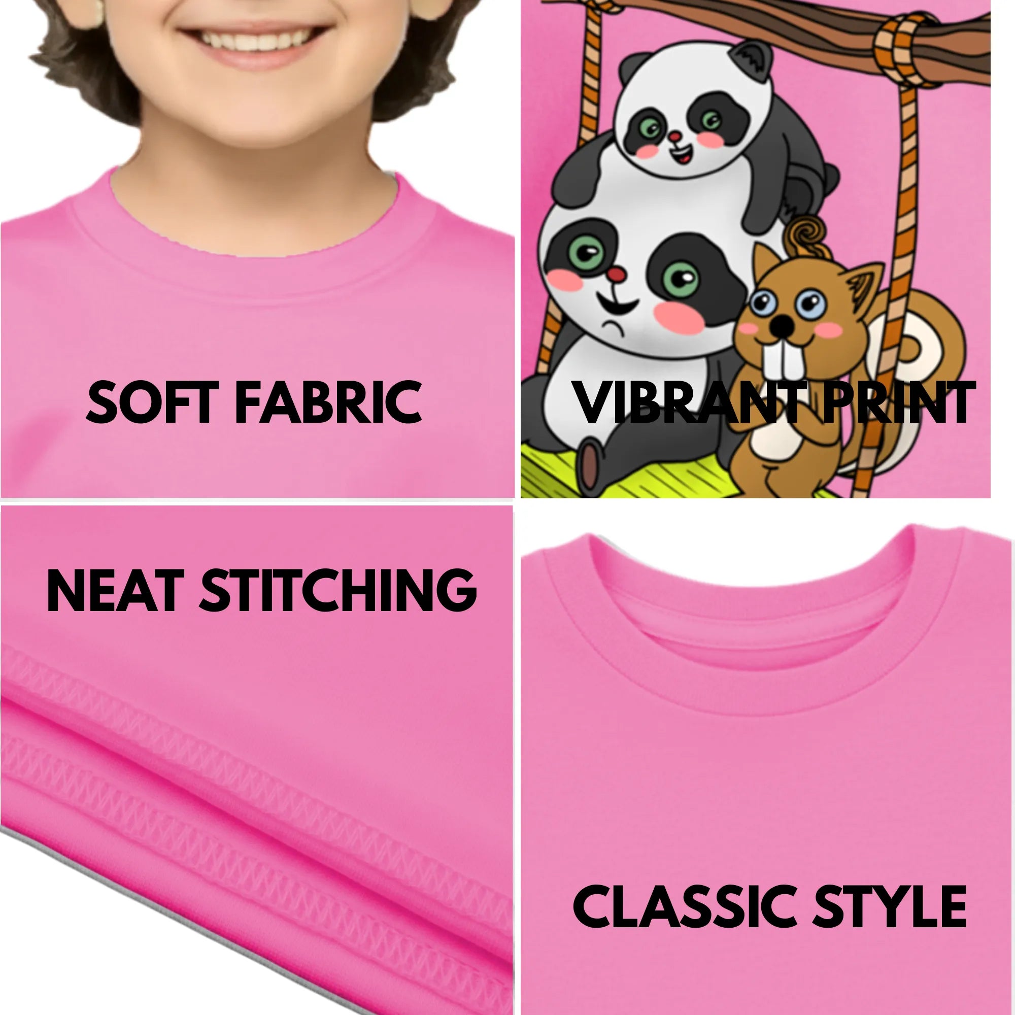 Feature highlights of PaintzStories artistic kids t-shirt featuring Animals on the Swing artwork with colourful illustration, premium cotton comfort, kids artistic t-shirt, and birthday gift for kids.