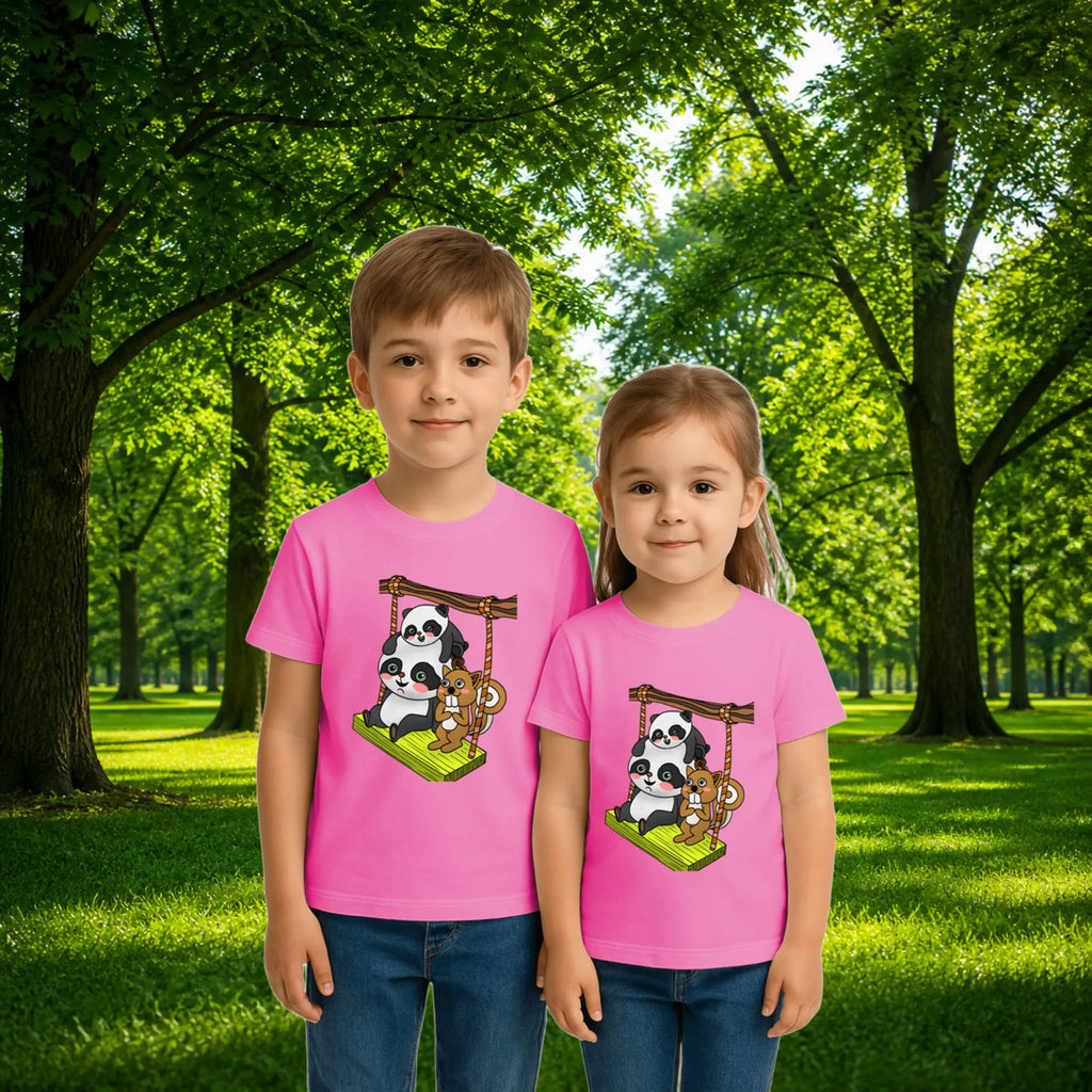 Sibling styling view of PaintzStories artistic kids t-shirt featuring Animals on the Swing artwork with colourful illustration, premium cotton comfort, gift for young artists, and designer kids tshirt.