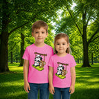 Sibling styling view of PaintzStories artistic kids t-shirt featuring Animals on the Swing artwork with colourful illustration, premium cotton comfort, gift for young artists, and designer kids tshirt.