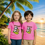 Lifestyle image of PaintzStories artistic kids t-shirt featuring Animals on the Swing artwork with colourful illustration, premium cotton comfort, artwork on tshirt, and colourful kids wear.