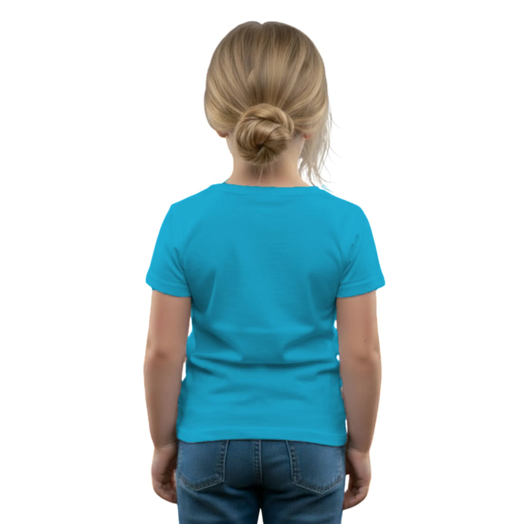 Back side of PaintzStories artistic kids t-shirt featuring Escape to Space - Light Blue artwork with colourful illustration, premium cotton comfort, gift for young artists, and creative kids fashion.