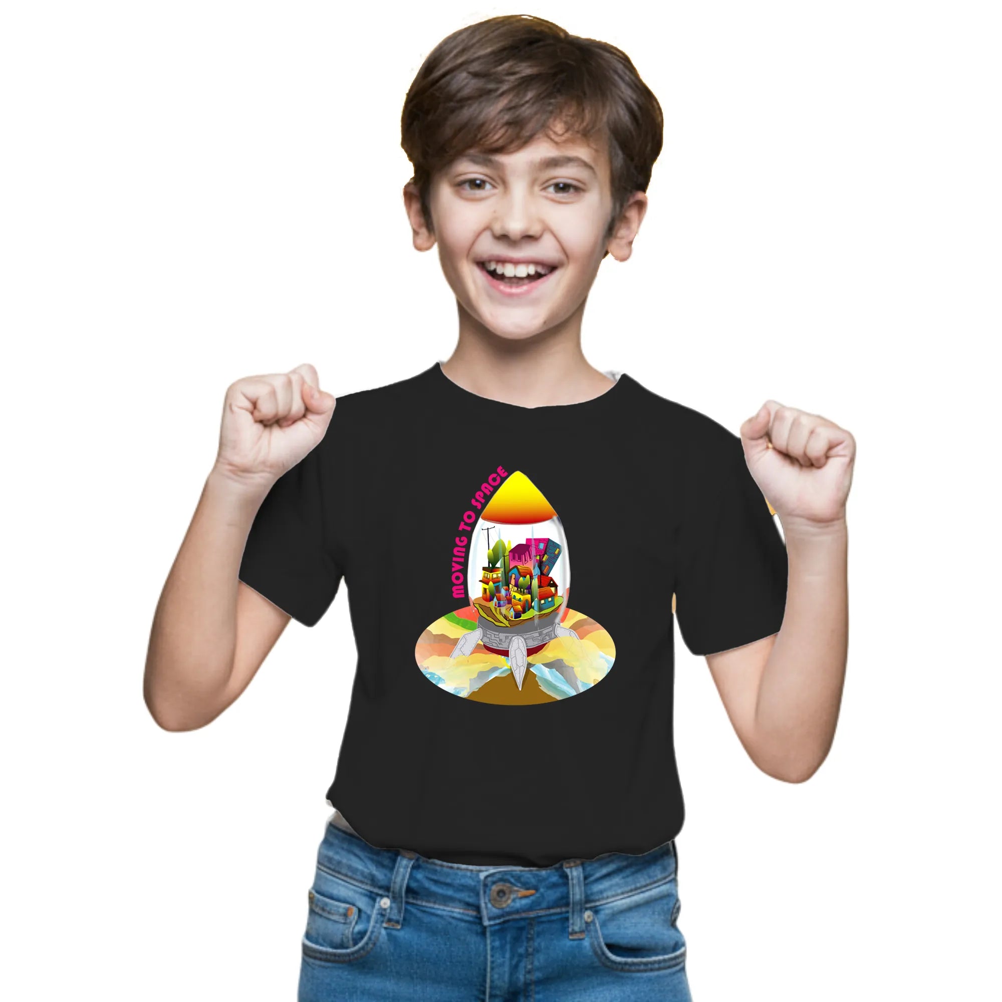 Main view of PaintzStories artistic kids t-shirt featuring Escape to Space artwork with colourful illustration, premium cotton comfort, artwork on tshirt, and colourful kids wear.