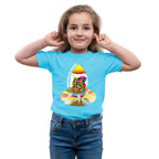 Main view of PaintzStories artistic kids t-shirt featuring Escape to Space - Light Blue artwork with colourful illustration, premium cotton comfort, designer kids tshirt, and colourful kids wear.