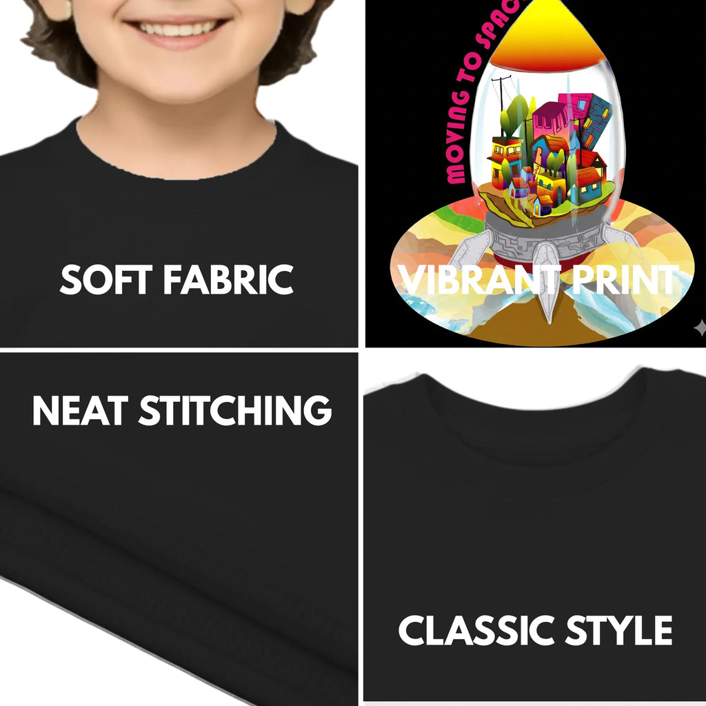 Feature highlights of PaintzStories artistic kids t-shirt featuring Escape to Space artwork with colourful illustration, premium cotton comfort, birthday gift for kids, and colourful kids wear.