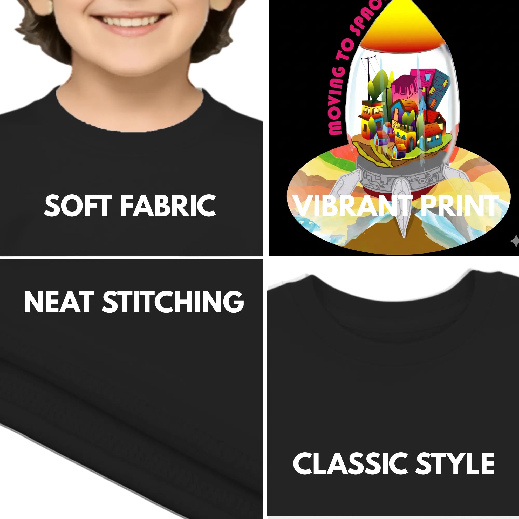 Feature highlights of PaintzStories artistic kids t-shirt featuring Escape to Space artwork with colourful illustration, premium cotton comfort, birthday gift for kids, and colourful kids wear.