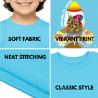 Feature highlights of PaintzStories artistic kids t-shirt featuring Escape to Space - Light Blue artwork with colourful illustration, premium cotton comfort, creative kids fashion, and art tee shirt.