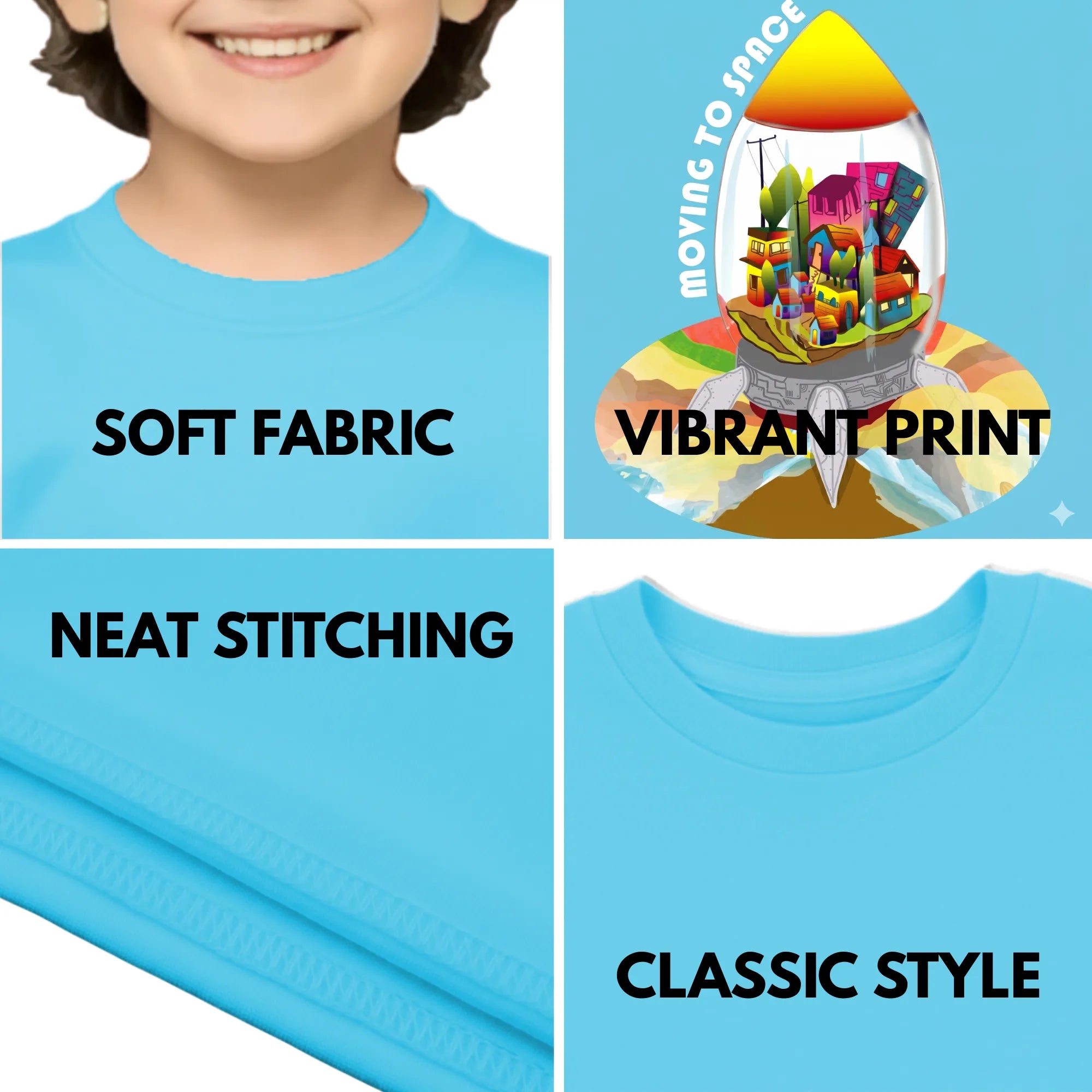 Feature highlights of PaintzStories artistic kids t-shirt featuring Escape to Space - Light Blue artwork with colourful illustration, premium cotton comfort, creative kids fashion, and art tee shirt.