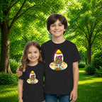 Sibling styling view of PaintzStories artistic kids t-shirt featuring Escape to Space artwork with colourful illustration, premium cotton comfort, creative kids fashion, and kids artistic t-shirt.