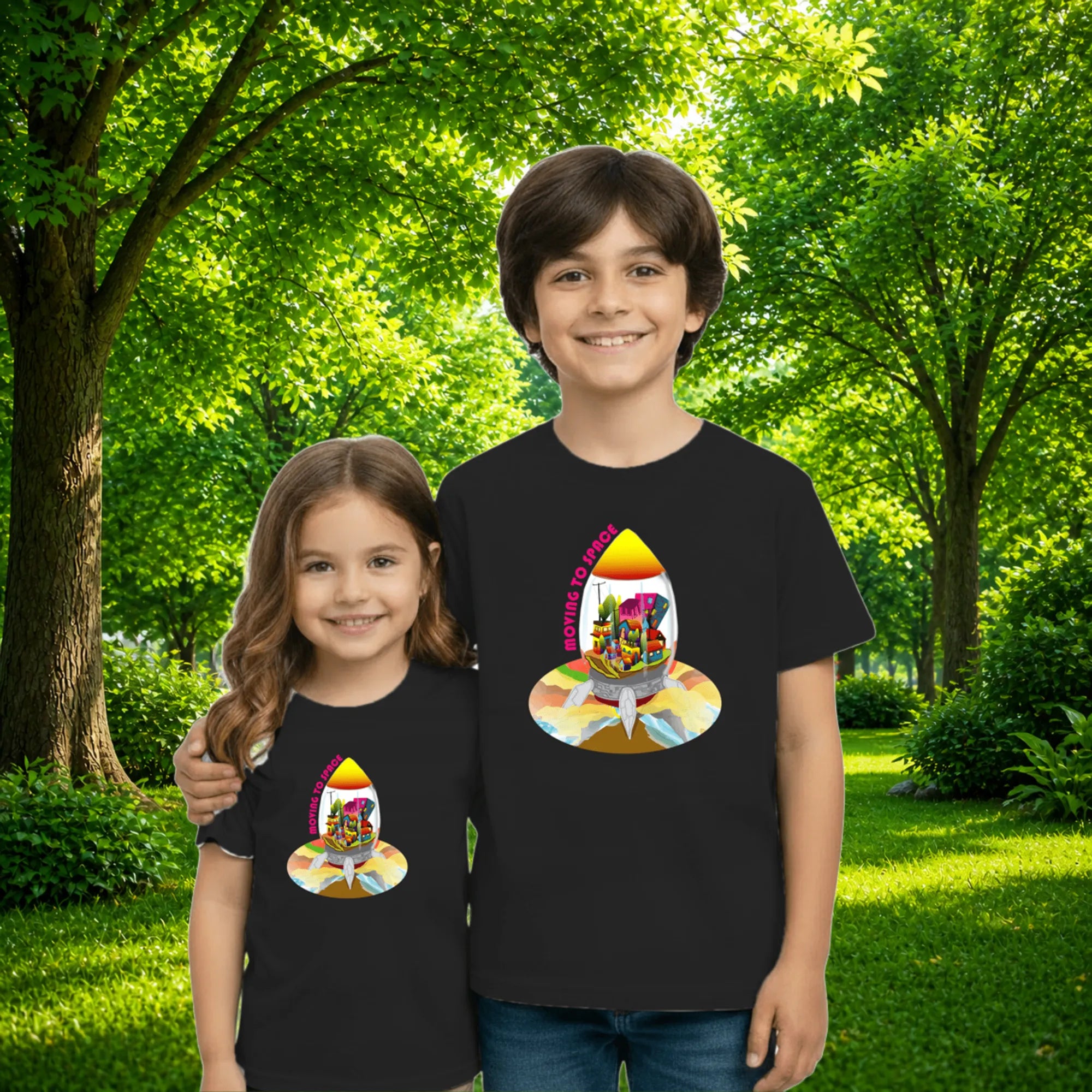 Sibling styling view of PaintzStories artistic kids t-shirt featuring Escape to Space artwork with colourful illustration, premium cotton comfort, creative kids fashion, and kids artistic t-shirt.