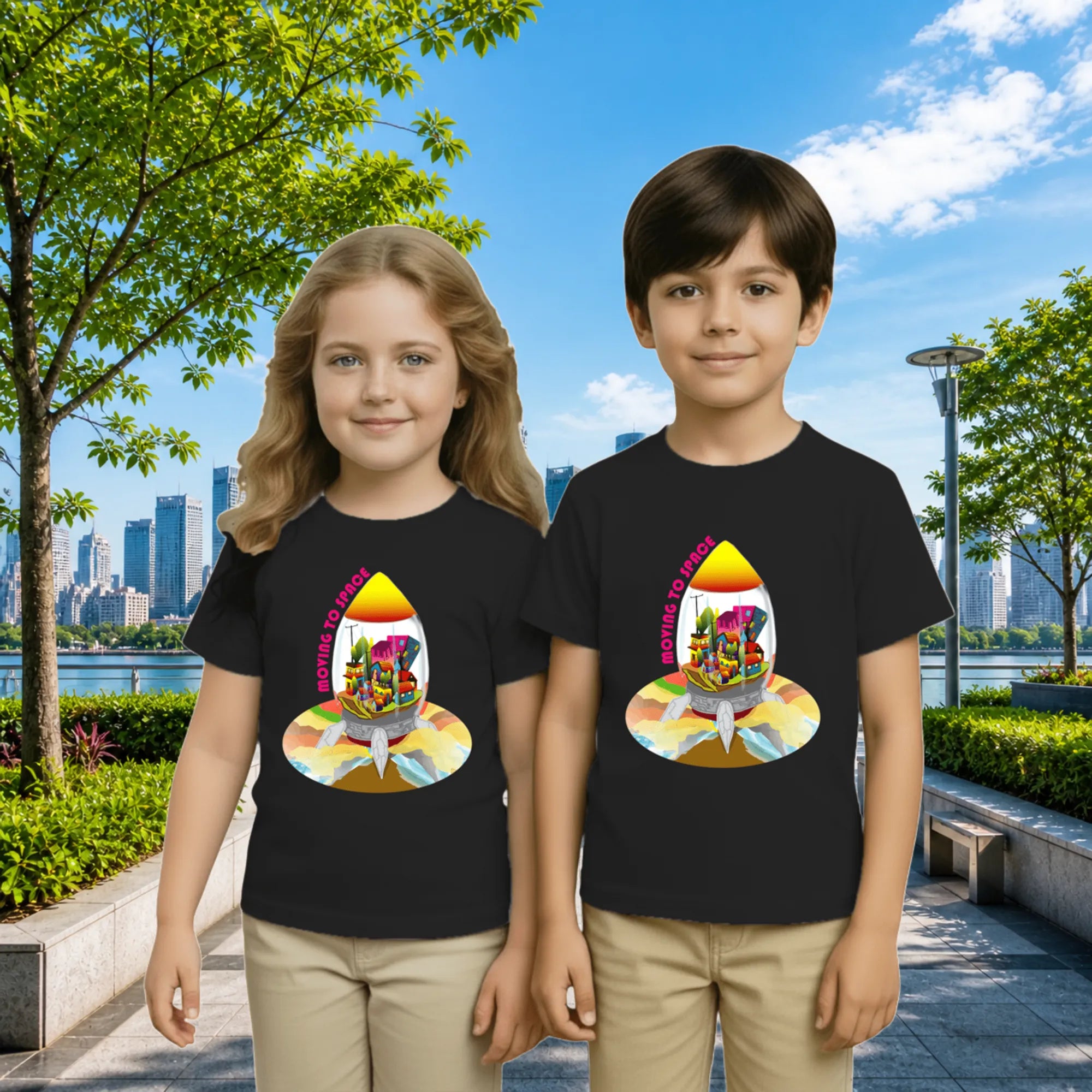 Lifestyle image of PaintzStories artistic kids t-shirt featuring Escape to Space artwork with colourful illustration, premium cotton comfort, designer kids tshirt, and kids artistic t-shirt.
