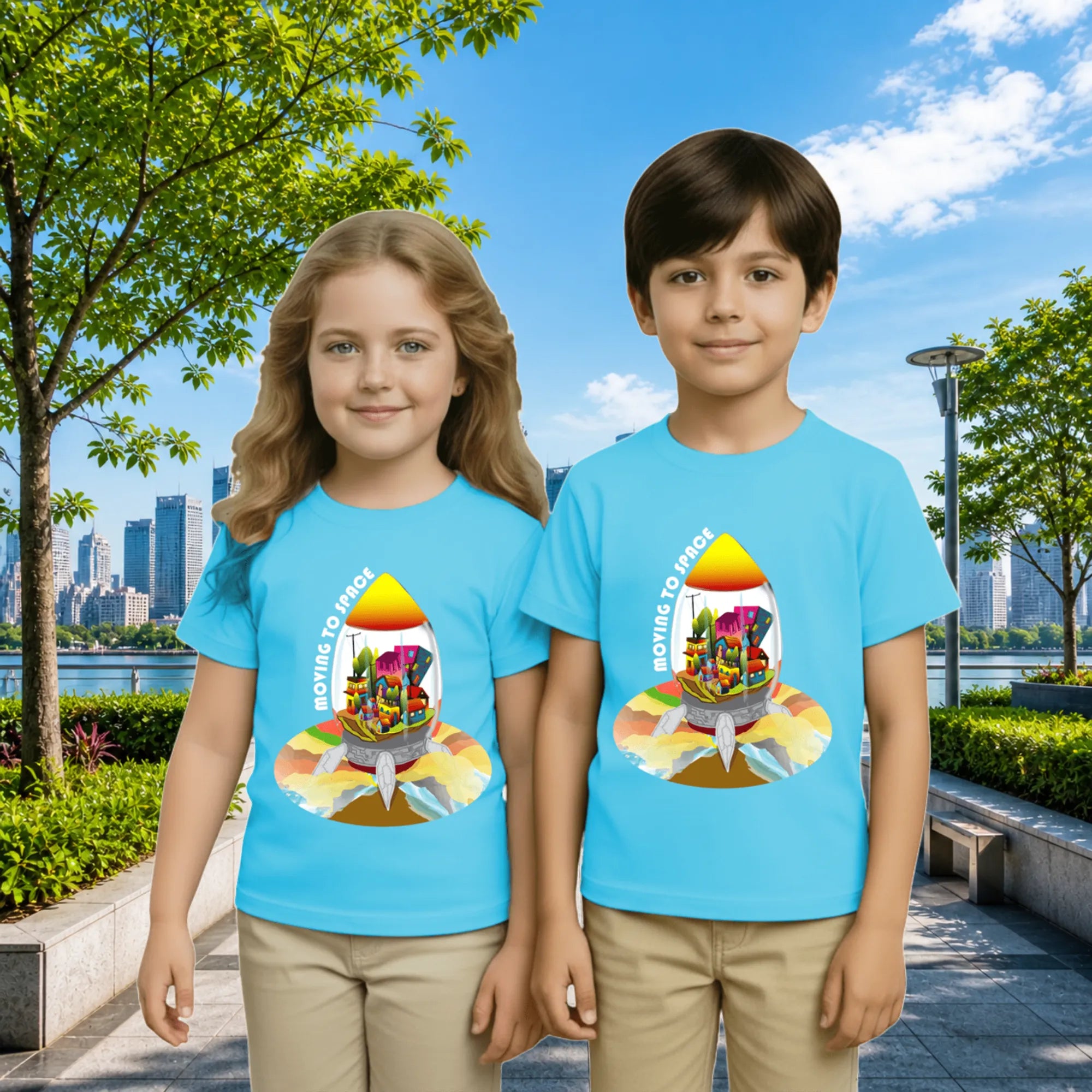 Lifestyle image of PaintzStories artistic kids t-shirt featuring Escape to Space - Light Blue artwork with colourful illustration, premium cotton comfort, art tee shirt, and kids artistic t-shirt.