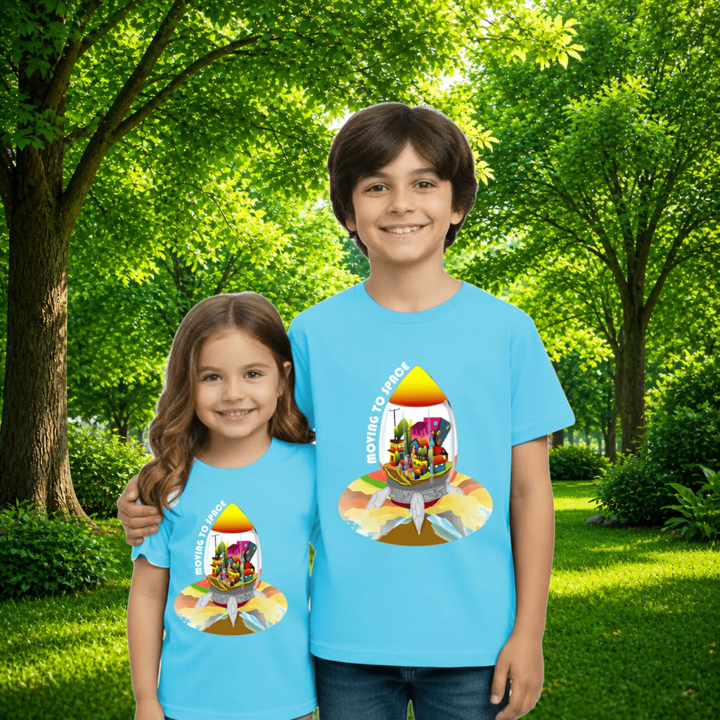 Sibling styling view of PaintzStories artistic kids t-shirt featuring Escape to Space - Light Blue artwork with colourful illustration, premium cotton comfort, artwork on tshirt, and art tee shirt.