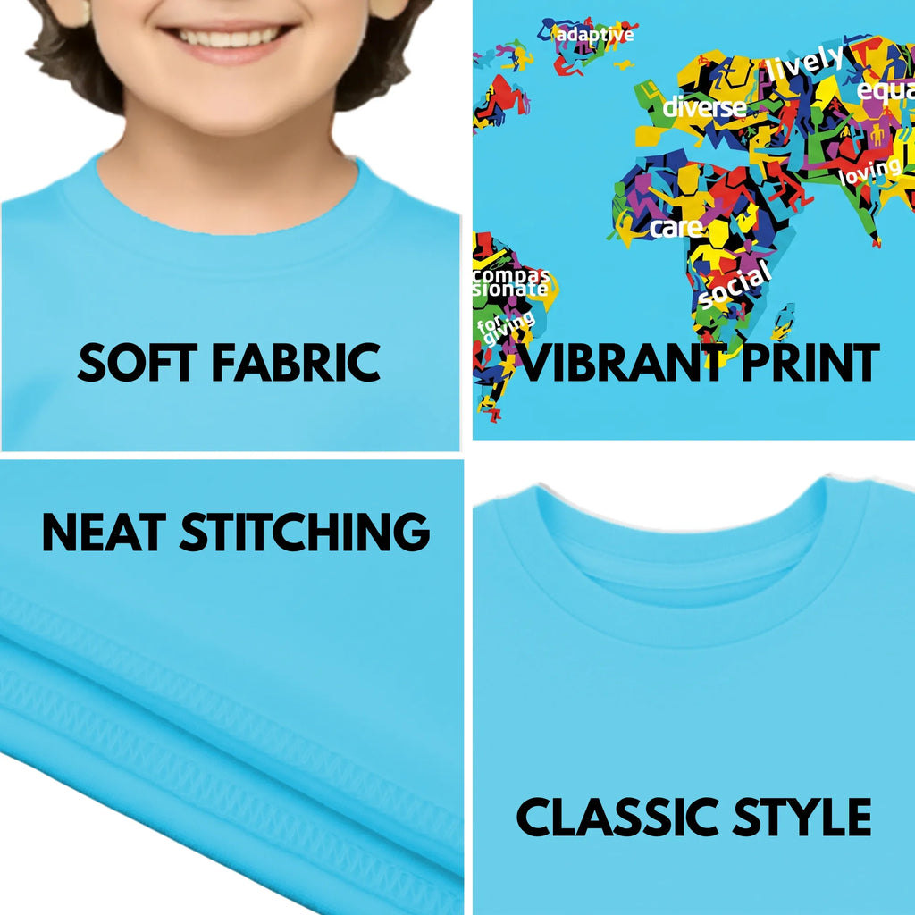 Feature highlights of PaintzStories artistic kids t-shirt featuring The Humanity Map artwork with colourful illustration, premium cotton comfort, birthday gift for kids, and kids artistic t-shirt.