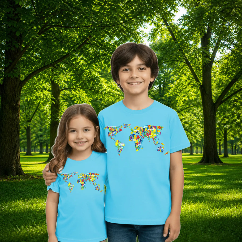 Sibling styling view of PaintzStories artistic kids t-shirt featuring The Humanity Map artwork with colourful illustration, premium cotton comfort, kids artistic t-shirt, and birthday gift for kids.