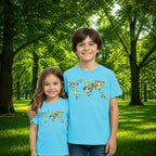 Sibling styling view of PaintzStories artistic kids t-shirt featuring The Humanity Map artwork with colourful illustration, premium cotton comfort, kids artistic t-shirt, and birthday gift for kids.