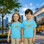 Lifestyle image of PaintzStories artistic kids t-shirt featuring The Humanity Map artwork with colourful illustration, premium cotton comfort, designer kids tshirt, and birthday gift for kids.