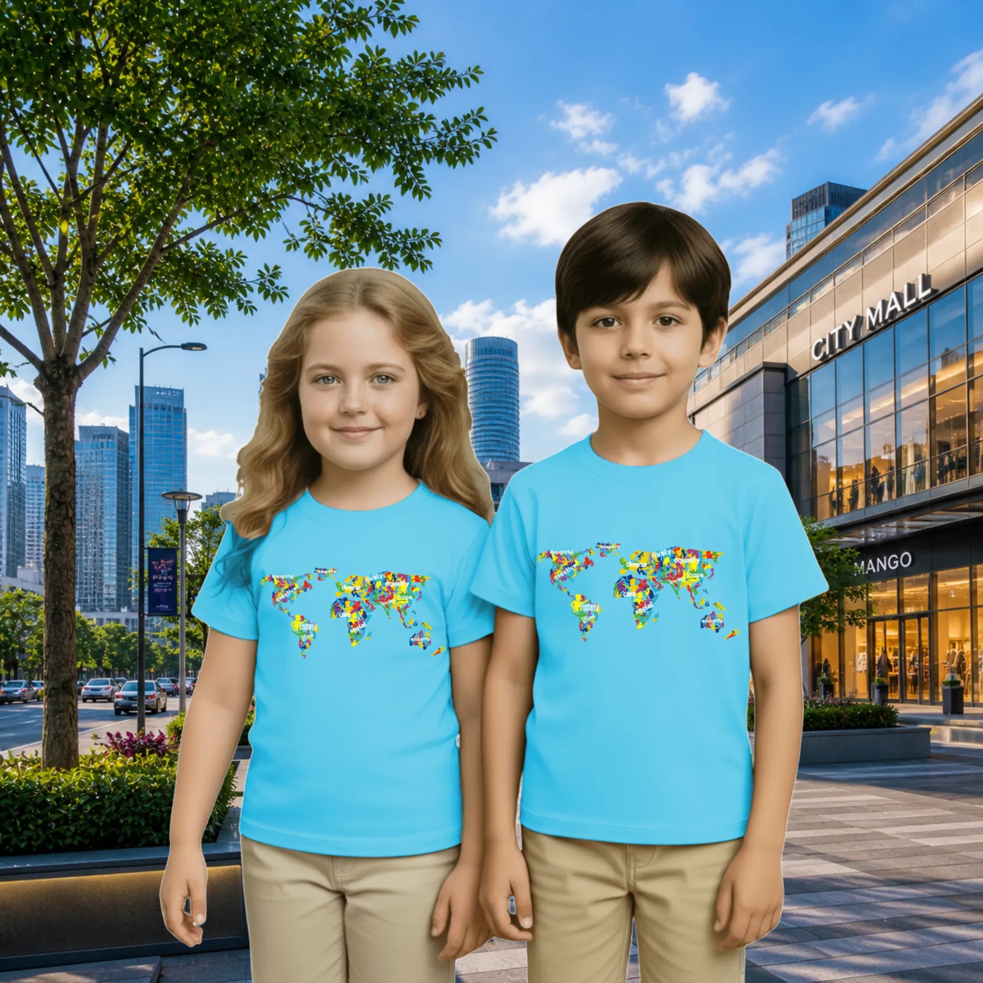 Lifestyle image of PaintzStories artistic kids t-shirt featuring The Humanity Map artwork with colourful illustration, premium cotton comfort, designer kids tshirt, and birthday gift for kids.