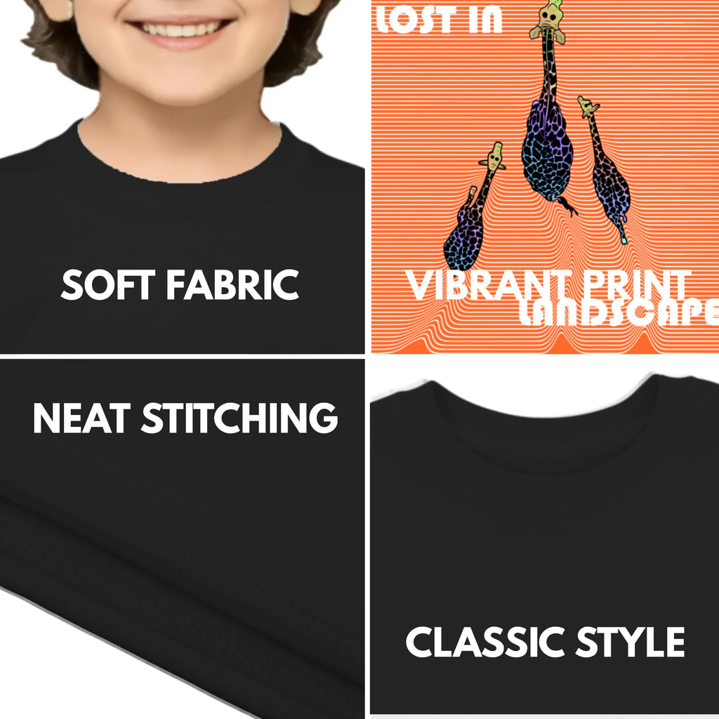 Feature highlights of PaintzStories artistic kids t-shirt featuring Three Giraffes artwork with colourful illustration, premium cotton comfort, designer kids tshirt, and unisex cotton tshirt.