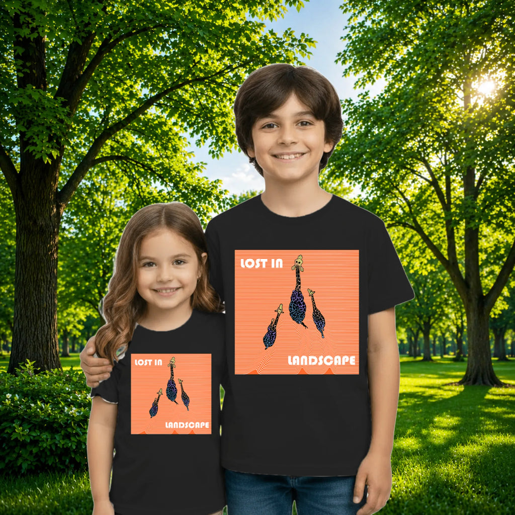 Sibling styling view of PaintzStories artistic kids t-shirt featuring Three Giraffes artwork with colourful illustration, premium cotton comfort, creative kids fashion, and artist tees.