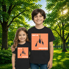 Sibling styling view of PaintzStories artistic kids t-shirt featuring Three Giraffes artwork with colourful illustration, premium cotton comfort, creative kids fashion, and artist tees.
