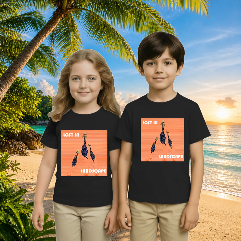 Lifestyle image of PaintzStories artistic kids t-shirt featuring Three Giraffes artwork with colourful illustration, premium cotton comfort, artist tees, and birthday gift for kids.