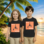Lifestyle image of PaintzStories artistic kids t-shirt featuring Three Giraffes artwork with colourful illustration, premium cotton comfort, artist tees, and birthday gift for kids.