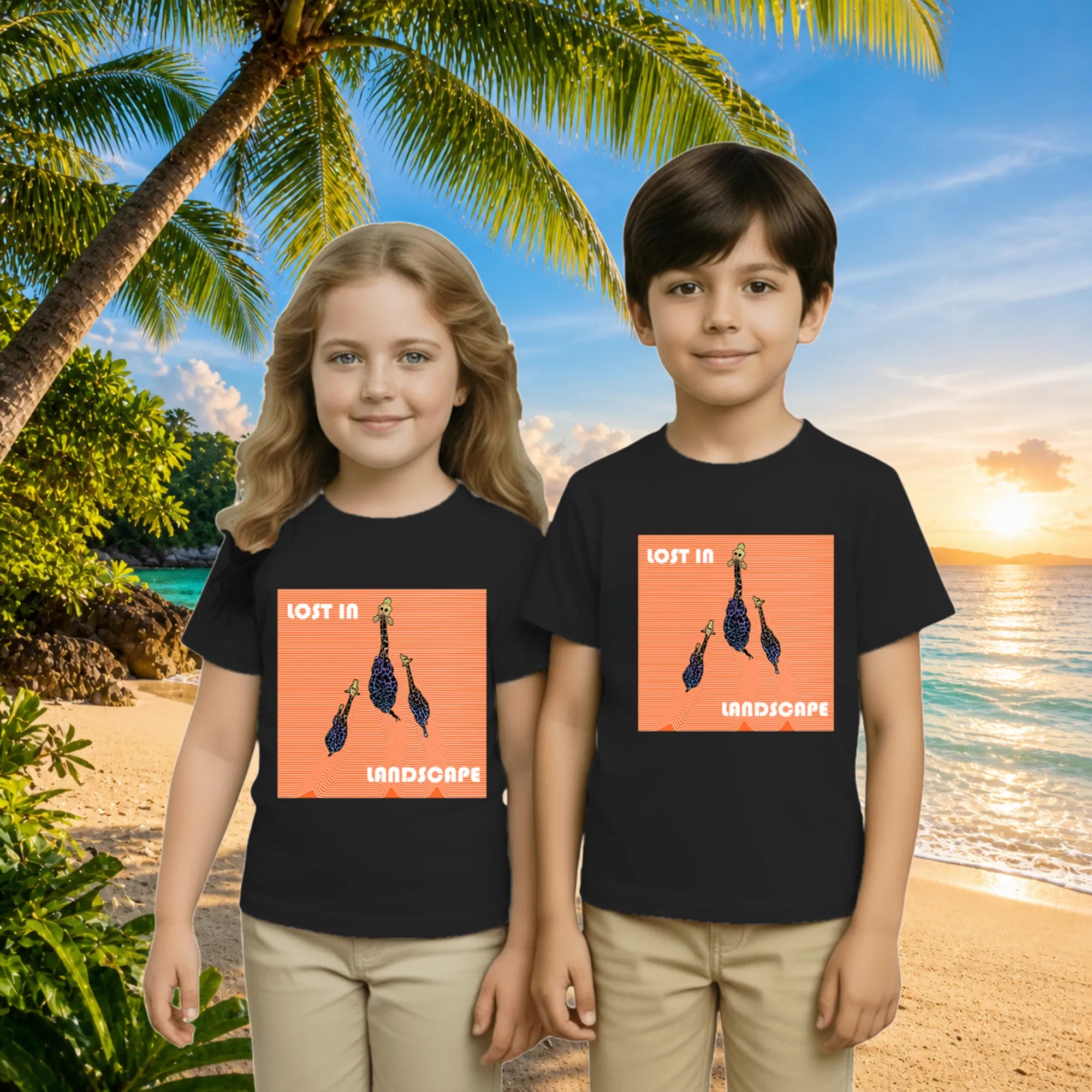 Lifestyle image of PaintzStories artistic kids t-shirt featuring Three Giraffes artwork with colourful illustration, premium cotton comfort, artist tees, and birthday gift for kids.