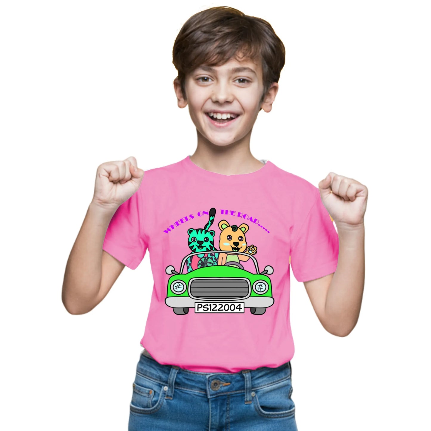 Main view of PaintzStories artistic kids t-shirt featuring Tiger and Bear on the Road artwork with colourful illustration, premium cotton comfort, designer kids tshirt, and colourful kids wear.