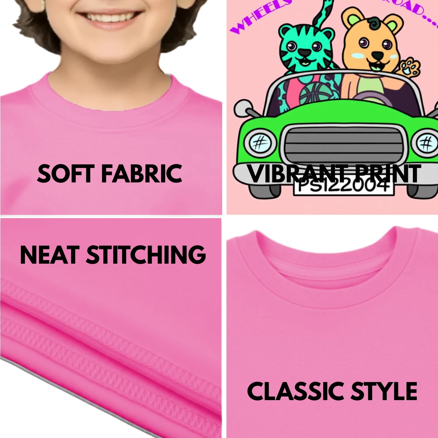 Feature highlights of PaintzStories artistic kids t-shirt featuring Tiger and Bear on the Road artwork with colourful illustration, premium cotton comfort, artwork on tshirt, and colourful kids wear.