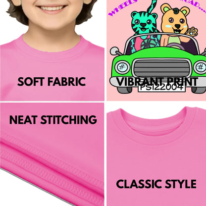 Feature highlights of PaintzStories artistic kids t-shirt featuring Tiger and Bear on the Road artwork with colourful illustration, premium cotton comfort, artwork on tshirt, and colourful kids wear.