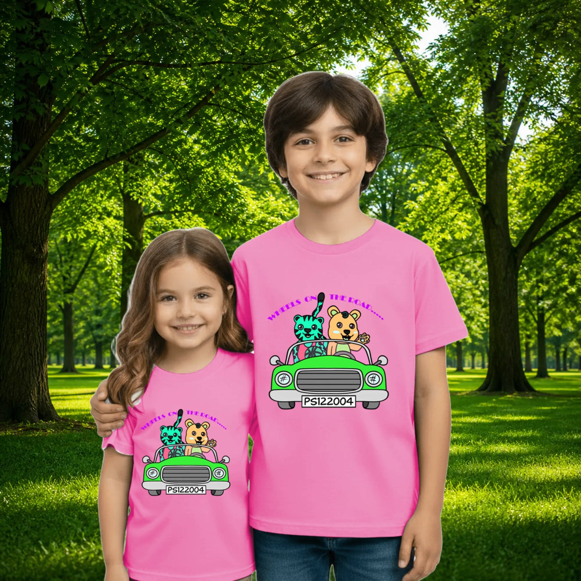 Sibling styling view of PaintzStories artistic kids t-shirt featuring Tiger and Bear on the Road artwork with colourful illustration, premium cotton comfort, colourful kids wear, and birthday gift for kids.