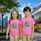 Lifestyle image of PaintzStories artistic kids t-shirt featuring Tiger and Bear on the Road artwork with colourful illustration, premium cotton comfort, designer kids tshirt, and artist tees.